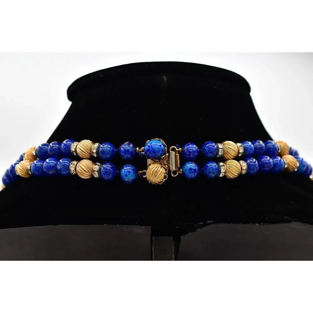 Vintage Lapis Lazuli Collar Beaded Necklace Layered Gold Tone Crystal 70s BinBD